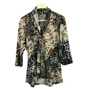 Iq Paris Usa Women Blouse Size S Vneck Twist Stretch Abstract Brown 3/4 Sleeve